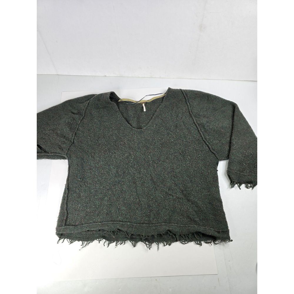 Free People Sweater Womens Extra Small Green Long Sleeve Fringe Wool V-Neck XS